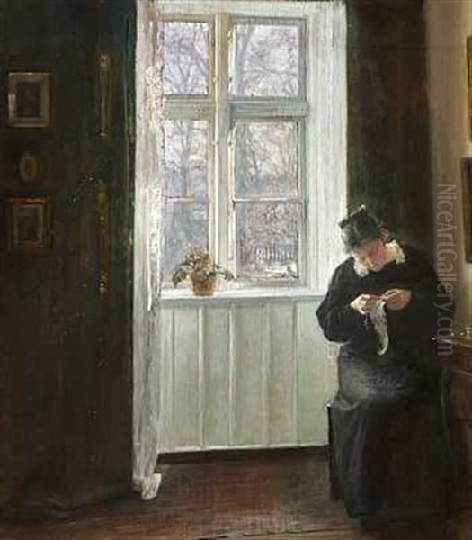 Interior Med Ung Pige, Der Syr Ved Vinduet Oil Painting by Carl Vilhelm Holsoe