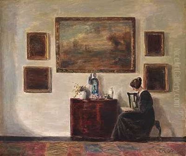 Interior Med Kunstnerens Hustru, Der Laeser I En Bog Oil Painting by Carl Vilhelm Holsoe