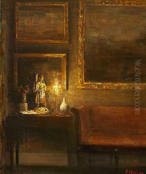 Interior Med Stearinlys Oil Painting by Carl Vilhelm Holsoe