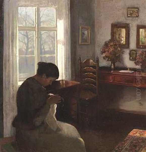 Interior Med Syende Pige Ved Vinduet Oil Painting by Carl Vilhelm Holsoe