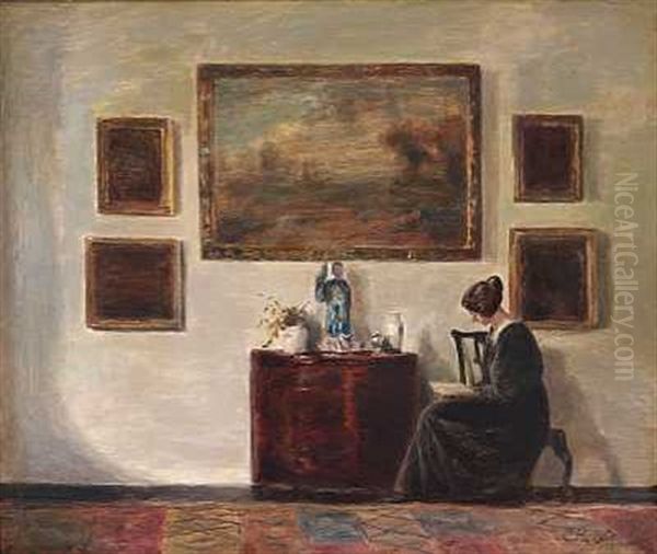 Interior Med Kunstnerens Hustru, Der Laeser I En Bog by Carl Vilhelm Holsoe