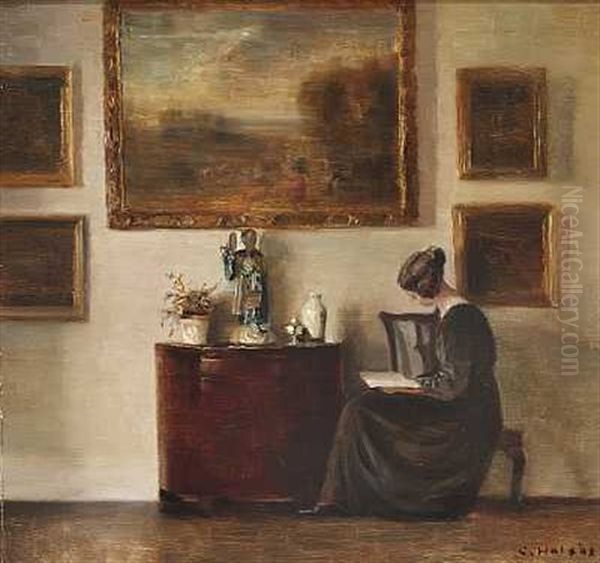 Interior Med Kunstnerens Hustru, Der Laeser I En Bog Oil Painting by Carl Vilhelm Holsoe