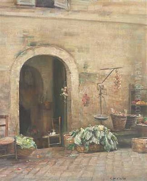 Italiensk Gadeparti Med Gronsagsbod Ved Portalformet Dorabning by Carl Vilhelm Holsoe