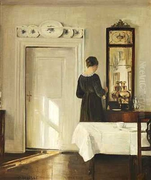 Kunstnerens Hustru I Stuen Med Sollys, Spejl Og Spisebord Med Hvid Dug Oil Painting by Carl Vilhelm Holsoe