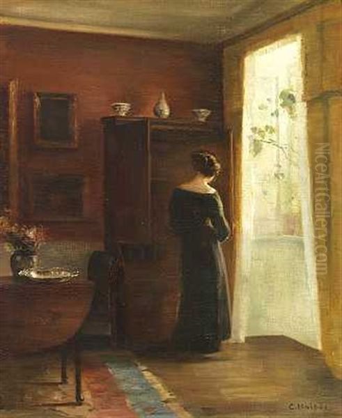 Dagligstue Med Kunstnerens Hustru I Sollys Fra Vinduet Oil Painting by Carl Vilhelm Holsoe