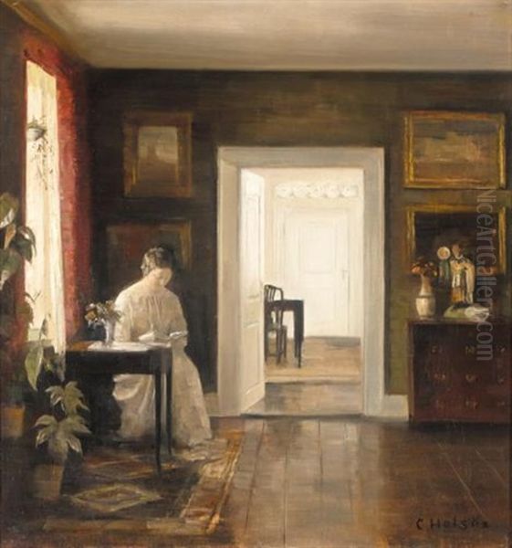 Interior Med En Kvinde Der Laeser Oil Painting by Carl Vilhelm Holsoe