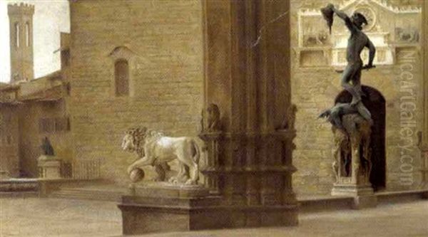 Parti Fra Piazza Signoria I Firenze, Med Udsigt Fra Loggia Dell'orcagna Mod Cellinis Statue Af Perseus Oil Painting by Carl Vilhelm Holsoe