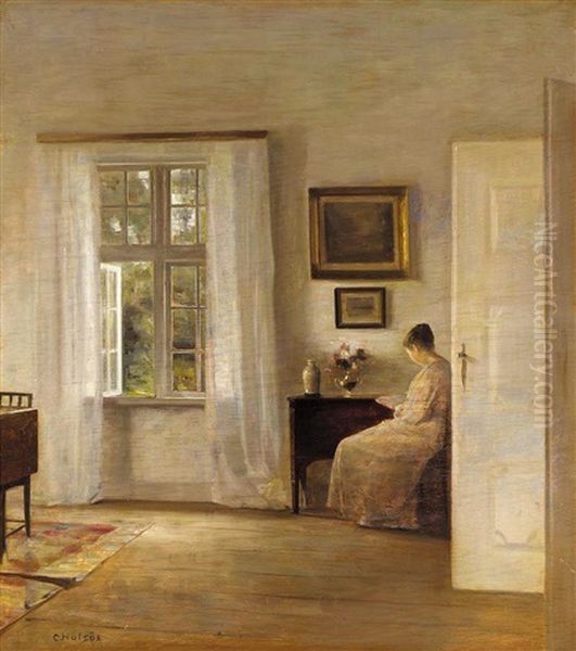 Laesende Kvinde (lady Reading) Oil Painting by Carl Vilhelm Holsoe