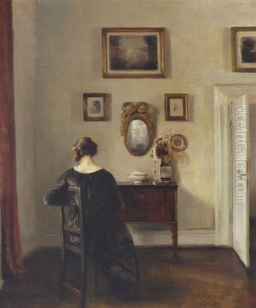 Sollys I Stuen Med Kunstnerens Hustru Siddende Pa En Stol Foran En Kommode Oil Painting by Carl Vilhelm Holsoe