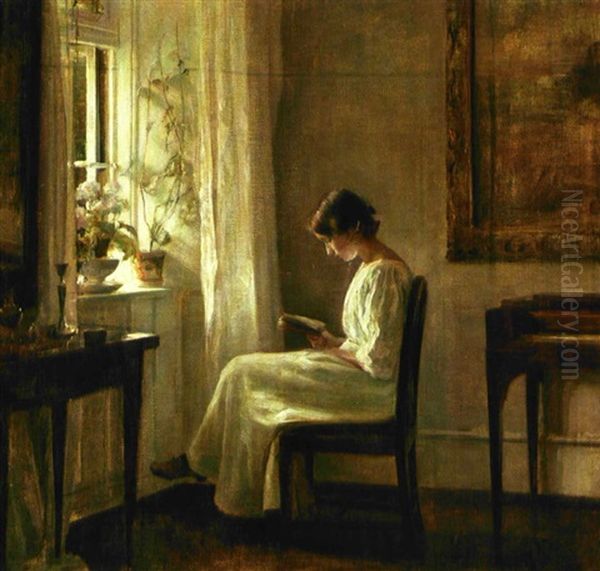 Laesende Pige Ved Vinduet Oil Painting by Carl Vilhelm Holsoe