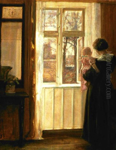 Interior Med Mor Og Barn Ved Vinduet Oil Painting by Carl Vilhelm Holsoe