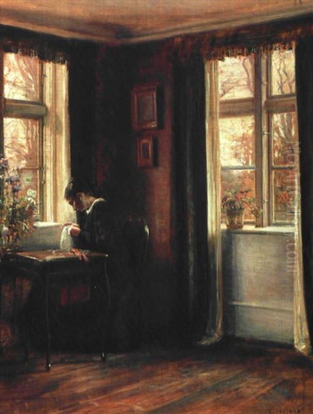 Interior Med Kunstnerens Hustru Ved Sytojet I Et Hjorne Af Stuen Oil Painting by Carl Vilhelm Holsoe