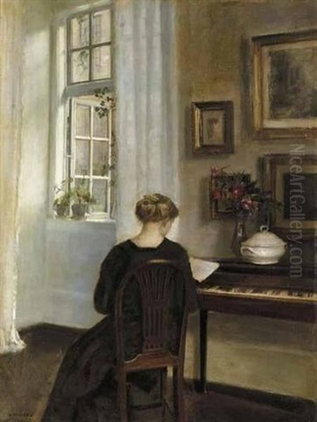 A Girl Reading Beside An Open Window Oil Painting by Carl Vilhelm Holsoe