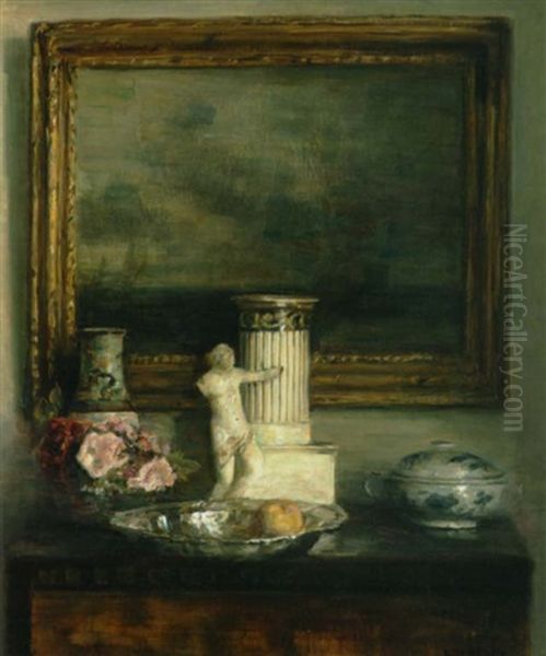 Interior Med Forskellige Pyntegenstande Pa En Kommode Foran Et Maleri Oil Painting by Carl Vilhelm Holsoe