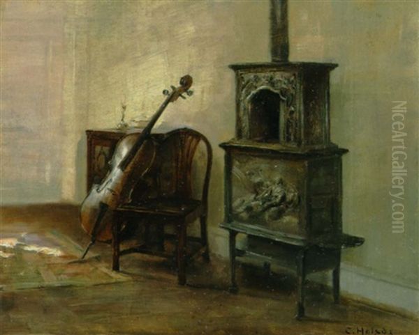 Interior Med Kommode, Stol, Cello Og Stobejernsovn Oil Painting by Carl Vilhelm Holsoe