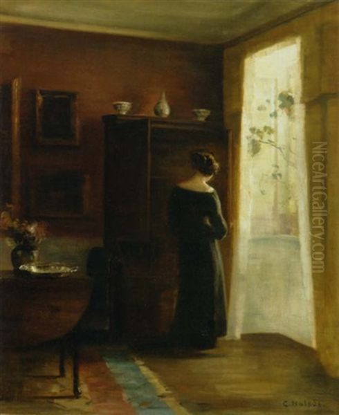 Interior Med Ung Pige Staende Ved Vinduet Oil Painting by Carl Vilhelm Holsoe