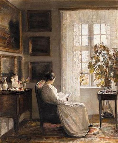 Laesende Kvinde Ved Vindvet (reading In The Morning Light) Oil Painting by Carl Vilhelm Holsoe