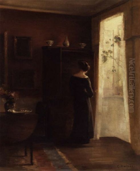 Interior Med Ung Pige Staende Ved Vinduet Oil Painting by Carl Vilhelm Holsoe