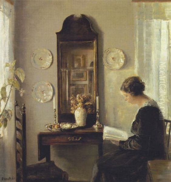 Kunstnerens Hustru Laesende I Et Hjorne Af Stuen Oil Painting by Carl Vilhelm Holsoe