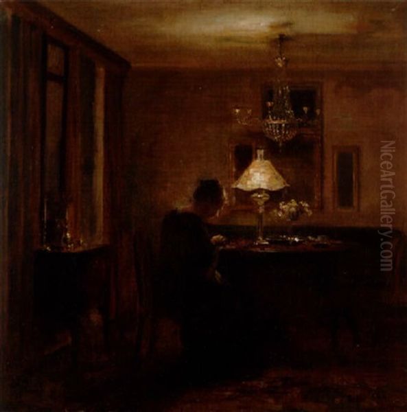 Interior Men Broderande Kvinna Oil Painting by Carl Vilhelm Holsoe