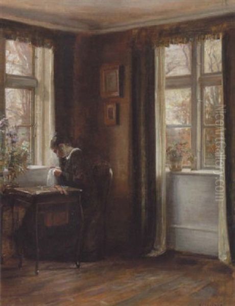 Interior Med Ung Pige, Der Syr Ved Vinduet Oil Painting by Carl Vilhelm Holsoe