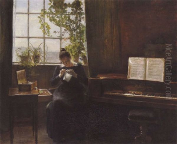 Interior Med Ung Pige Ved Sytojet by Carl Vilhelm Holsoe