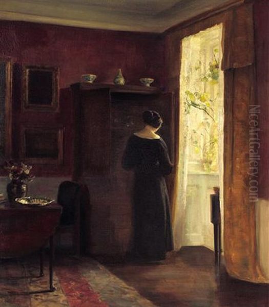 Interior Med Kvinde Ved Vindue Oil Painting by Carl Vilhelm Holsoe