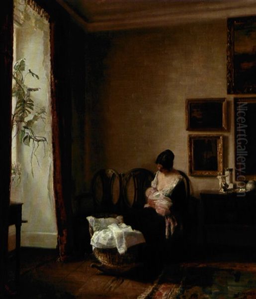 Interior Med Moder Og Barn Belyst Af Eftermiddagssolen Oil Painting by Carl Vilhelm Holsoe