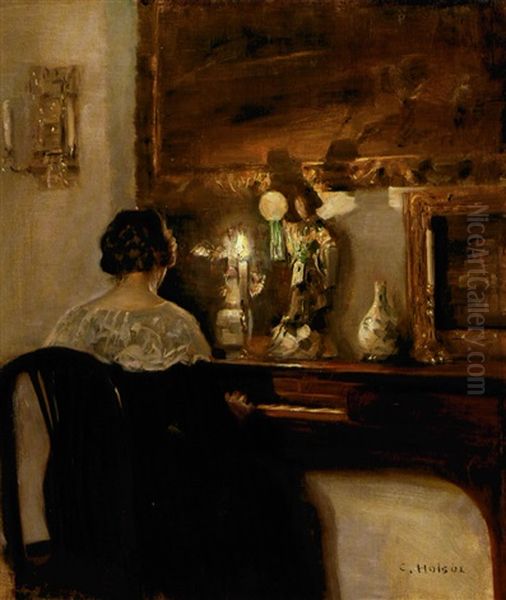 Dame Ved Spinnettet I Stearinlysets Skaer by Carl Vilhelm Holsoe