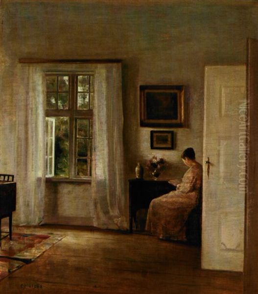 Interior Med Sollys Pg Laesende Kvinde Oil Painting by Carl Vilhelm Holsoe