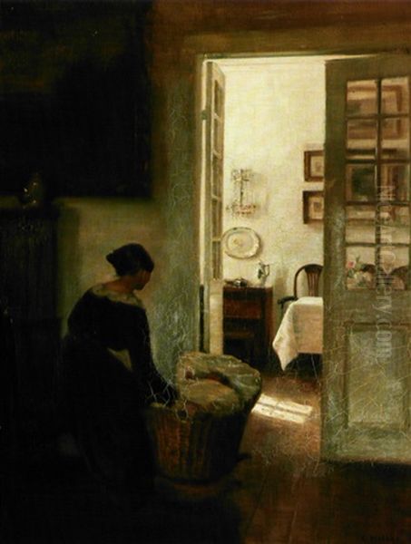 Moder Ved Sit Barns Vugge Oil Painting by Carl Vilhelm Holsoe