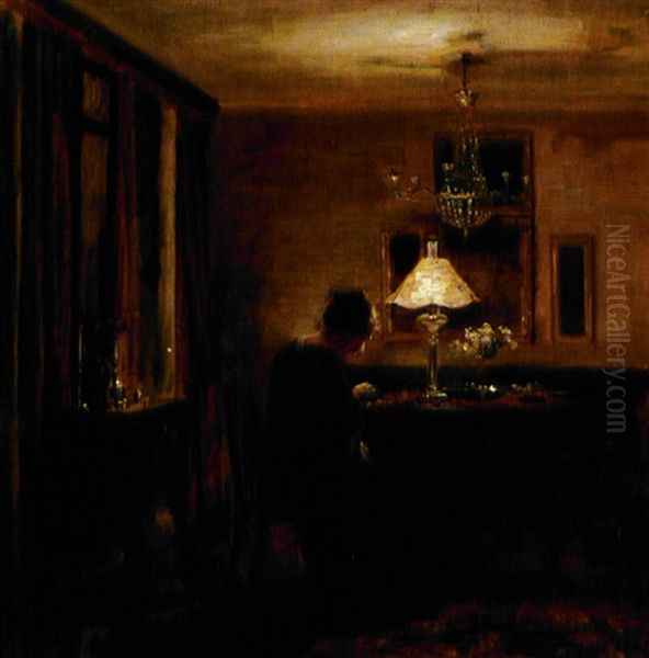 Interior Med Dame, Der Broderer Ved Lampelys Oil Painting by Carl Vilhelm Holsoe