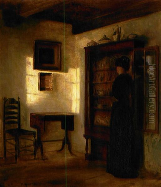 Interior Fra En Stue Med Kvinde Ved Abentstaende Vitrine, Belyst Af Eftermiddagssolen Oil Painting by Carl Vilhelm Holsoe