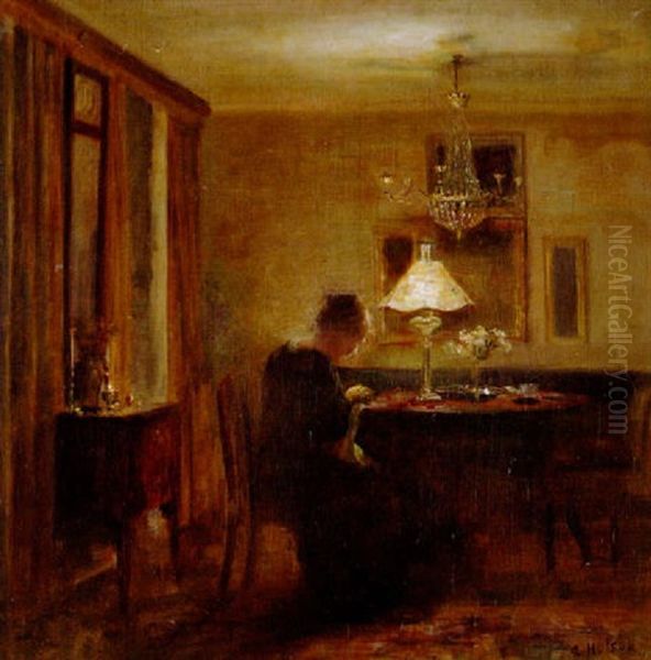 I Lampens Sken Oil Painting by Carl Vilhelm Holsoe