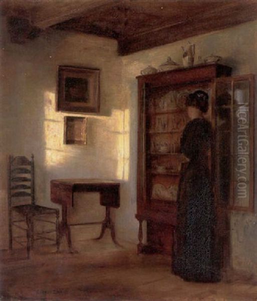 Interior Fra En Stue Med Kvinde Ved Abentstaende Vitrine, Belyst Af Eftermiddagsolen Oil Painting by Carl Vilhelm Holsoe