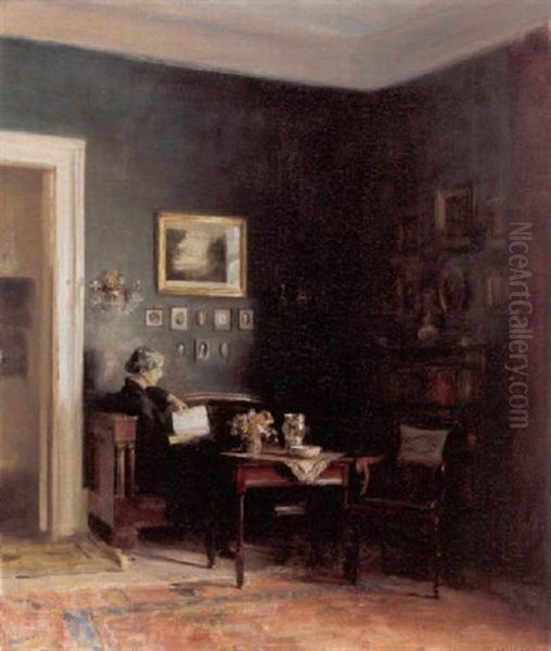 Interior Med Laesende Dame I Et Hjorne Af Stuen Oil Painting by Carl Vilhelm Holsoe