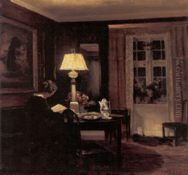 Interior Med Laesende Kvinde Ved Et Bord, Aftenstimning Oil Painting by Carl Vilhelm Holsoe