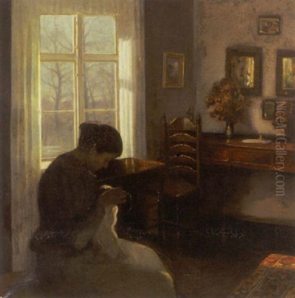 Interior Med Syende Pige Ved Vinduet by Carl Vilhelm Holsoe