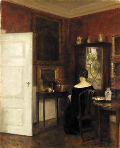 A Lady Reading In An Interior Oil Painting by Carl Vilhelm Holsoe