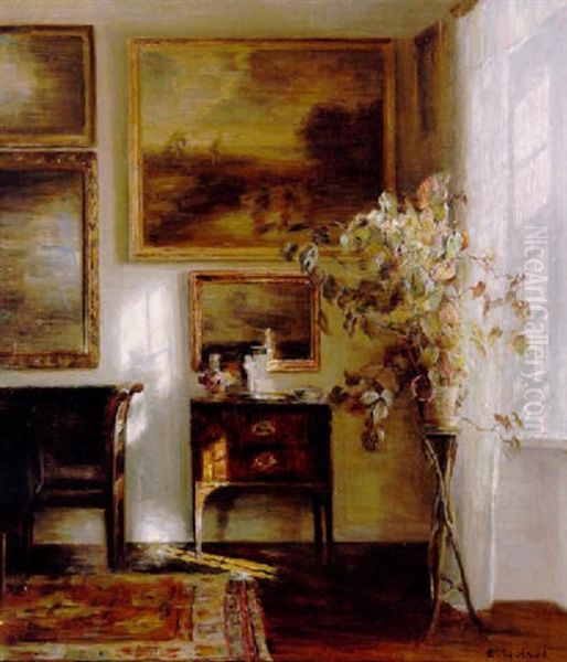 Solbeskinnet Interior Med Kommode, Plante Pa Piedestal Og Malerier Pa Vaeggen Oil Painting by Carl Vilhelm Holsoe