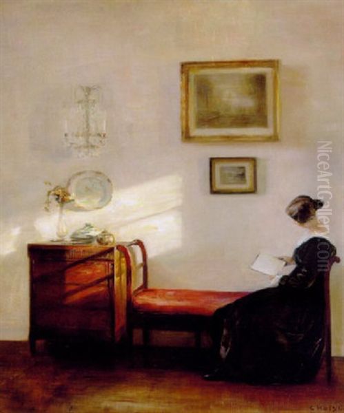 Interior Med Ung Laesende Pige Oil Painting by Carl Vilhelm Holsoe