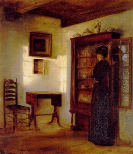 Interior Fra En Stue Med Kvinde Ved Abentstaende Vitrine, Belyst Af Eftermiddagssolen Oil Painting by Carl Vilhelm Holsoe