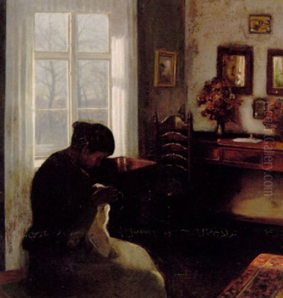 Interior Med Syende Pige Ved Vinduet Oil Painting by Carl Vilhelm Holsoe