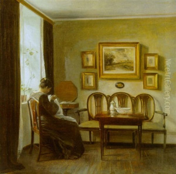 Interior Med Kunstnerens Hustru Ved Sytojet Oil Painting by Carl Vilhelm Holsoe