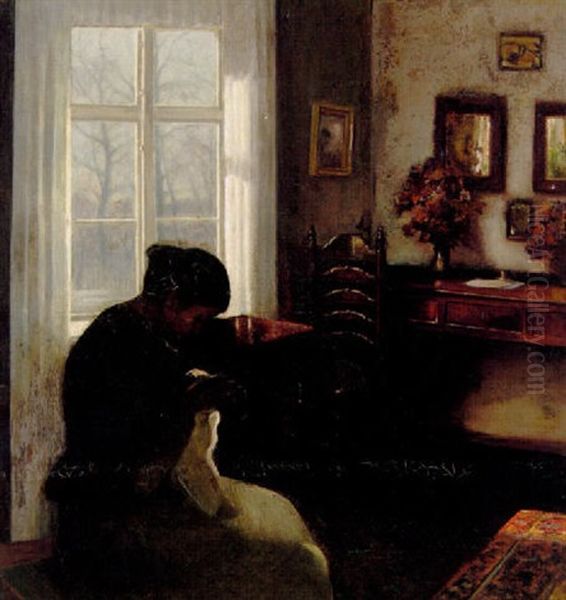 Interior Med Syende Pige Ved Vinduet Oil Painting by Carl Vilhelm Holsoe