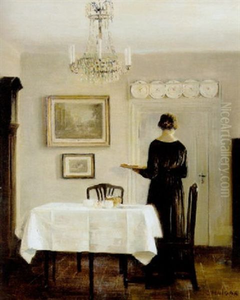 Interior Med Kunstnerens Hustru Ved Spisebordet Oil Painting by Carl Vilhelm Holsoe