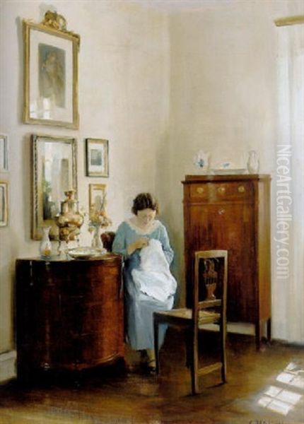 Interior Med Kunstnerens Hustru Ved Sytojet Oil Painting by Carl Vilhelm Holsoe