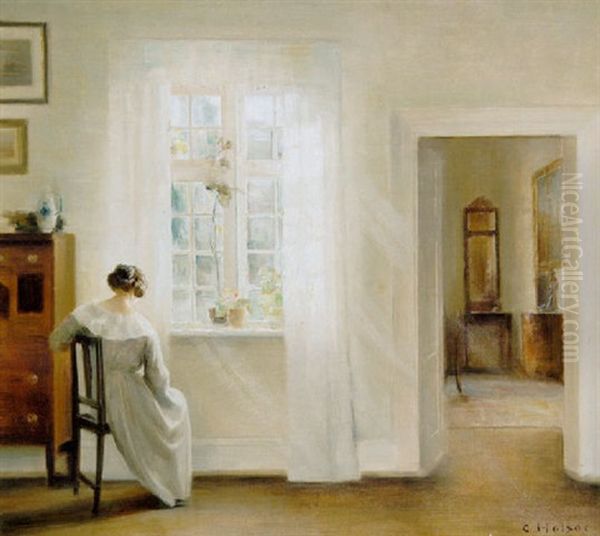 Interior Med Kunstnerens Hustru Siddende Ved Et Vindue I Solfyldt Stue Oil Painting by Carl Vilhelm Holsoe