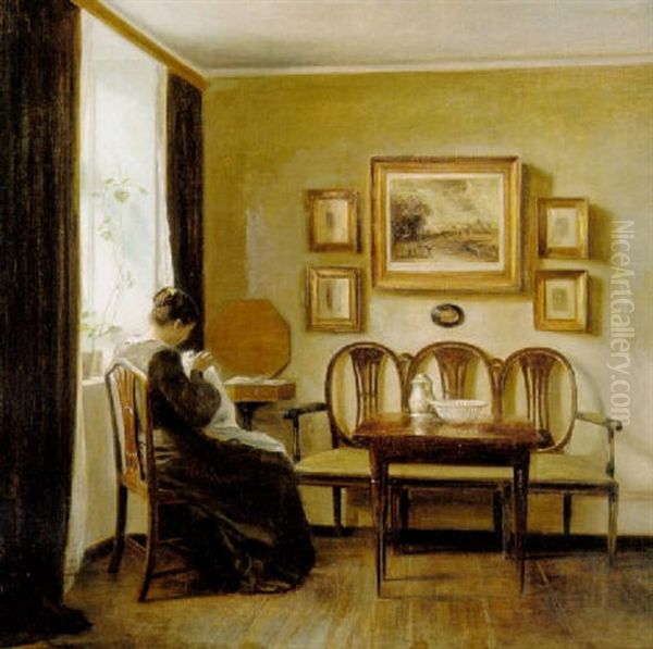 Interior Med Kunstnerens Hustru Ved Sytojet Oil Painting by Carl Vilhelm Holsoe