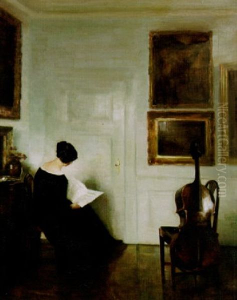 Interior - Sittande Kvinna Med Cello Oil Painting by Carl Vilhelm Holsoe